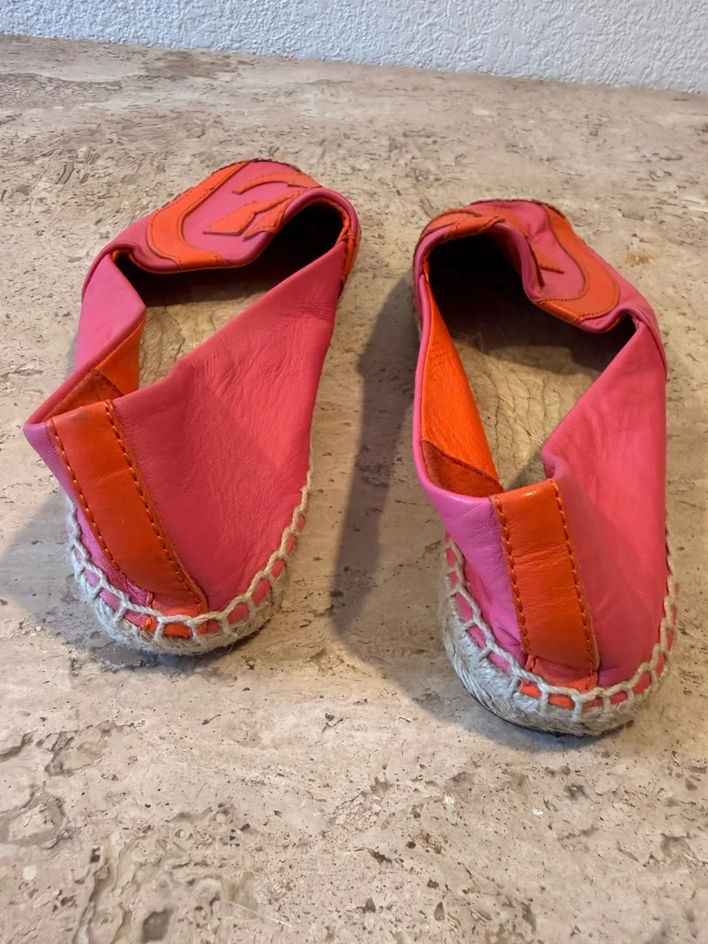 TORY BURCH Pink and Orange Leather Espadrille Flats